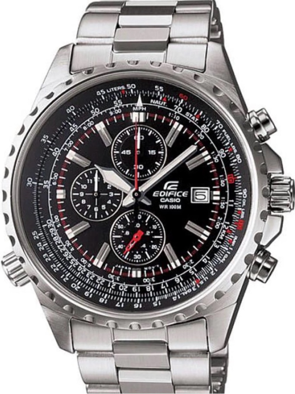 Casio Edifice Silver Stainless steel Watch with Black Dial and Red Accents Mens